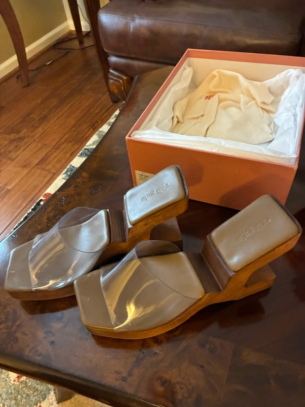 Cult Gaia Aderyn Sandals Brown Wooden-Look Platform Mules with Clear Straps